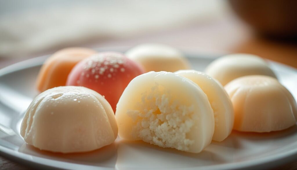 A delicate and appetizing close-up shot of a plate showcasing an assortment of traditional Japanese mochi sweets. The mochi are arranged in a visually appealing manner, highlighting their soft, pillowy texture and natural, vibrant colors. The lighting is soft and diffused, creating a warm, inviting atmosphere. In the background, a subtle, blurred pattern or texture evokes the essence of Japanese craftsmanship and tradition. The overall composition emphasizes the nutritional aspects of mochi, such as their complex carbohydrates, fiber, and modest calorie content, making this a visually striking and informative representation of the subject.
