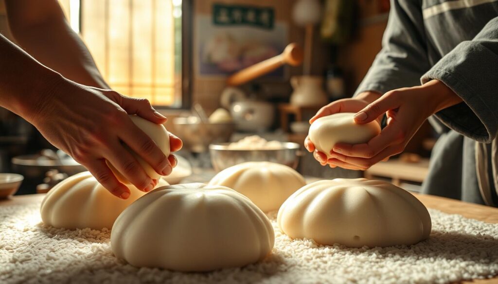 A traditional Japanese mochi making process, captured in a vivid, cinematic style. In the foreground, skilled hands expertly knead and shape steaming glutinous rice, forming smooth, delicate mochi. The middle ground reveals the rhythmic pounding of a wooden mallet against the rice, a time-honored technique passed down through generations. In the background, a modest Japanese kitchen, bathed in warm, natural light, provides the setting for this timeless craft. The scene conveys a serene, reverent atmosphere, highlighting the care and attention invested in creating this beloved, nutritious treat.