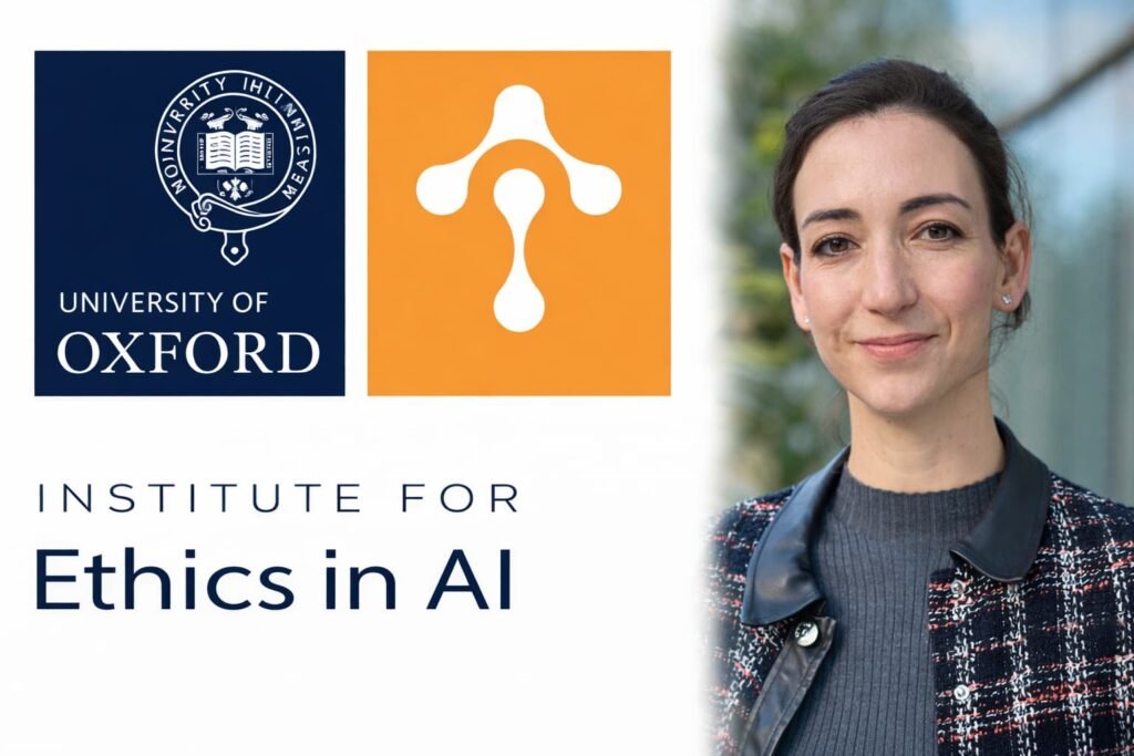 Portrait of Dr. Caroline Green with University of Oxford and Institute for Ethics in AI logos, representing AI ethics leadership and research.