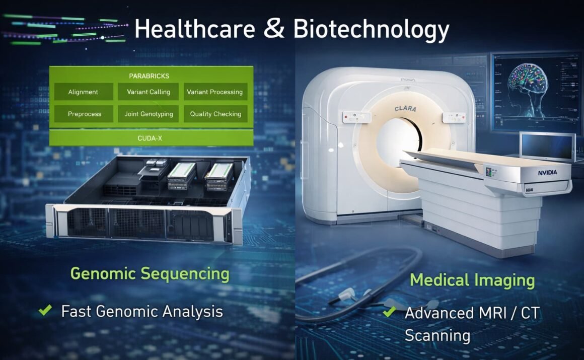 AI Hardware in Healthcare AI healthcare image showing genomic sequencing servers and AI-powered MRI/CT scanners.