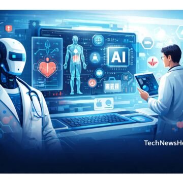 AI-powered healthcare scene with robot doctor, human physician, holographic medical data, and futuristic hospital tech.