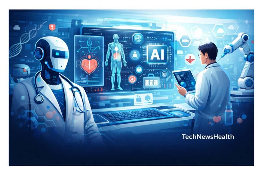 AI-powered healthcare scene with robot doctor, human physician, holographic medical data, and futuristic hospital tech.
