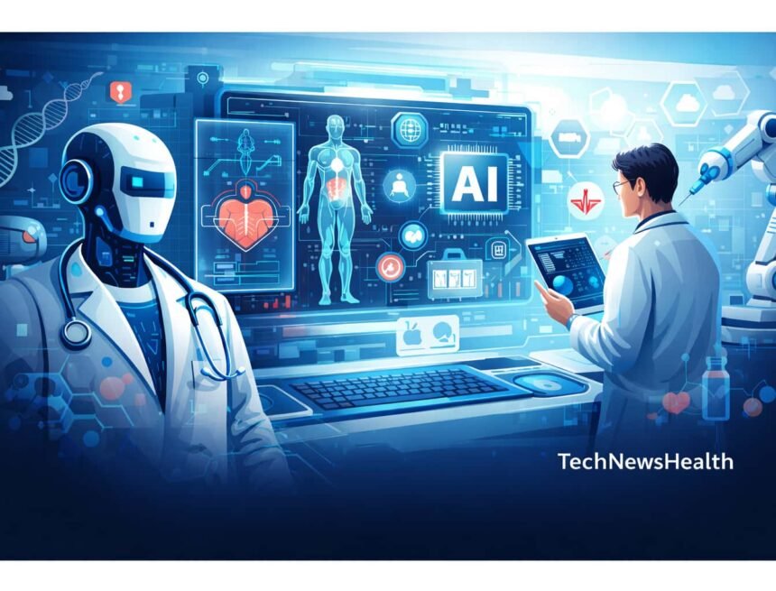 AI-powered healthcare scene with robot doctor, human physician, holographic medical data, and futuristic hospital tech.