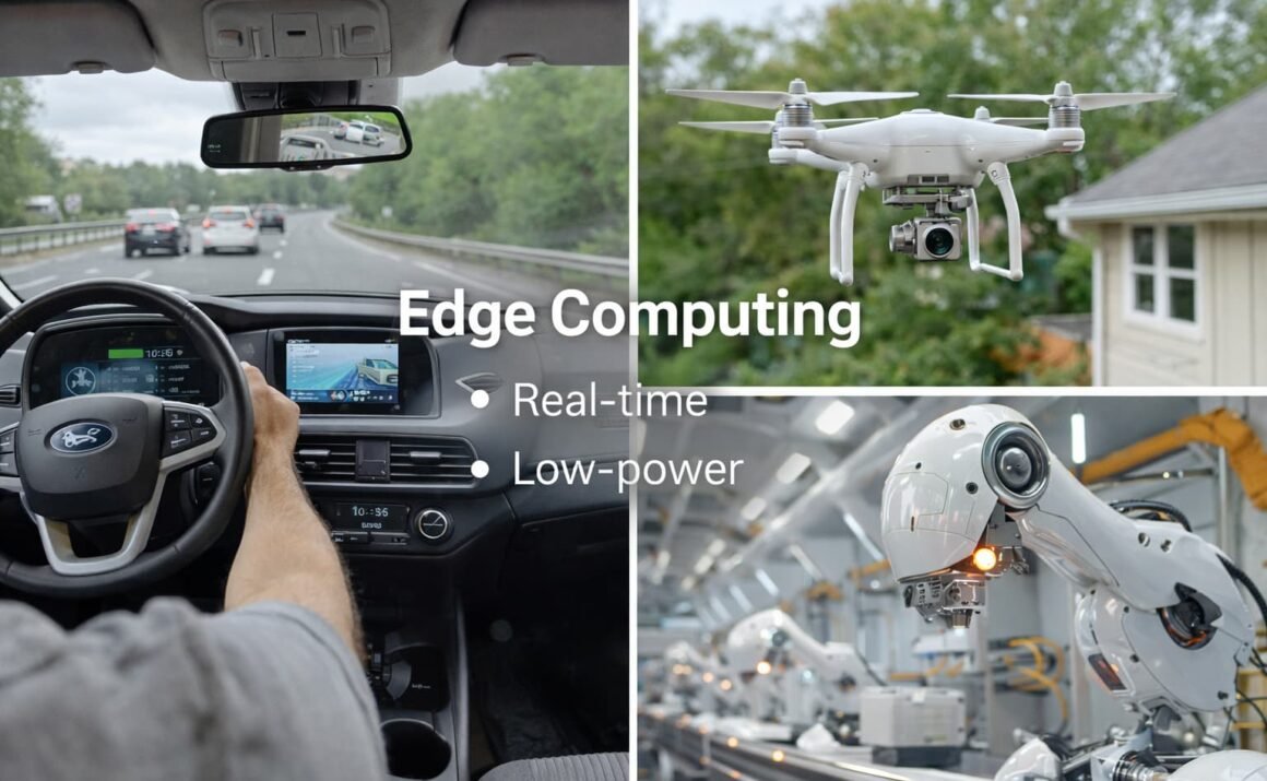 Edge computing Edge computing visual with drone, factory robots, and self-driving car showing real-time AI on devices.
