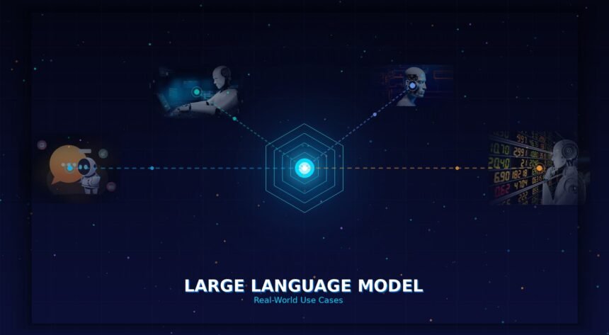 large-language-model-use-cases Illustration of large language model use cases, symbolizing AI's role in automating tasks and enhancing productivity across industries.