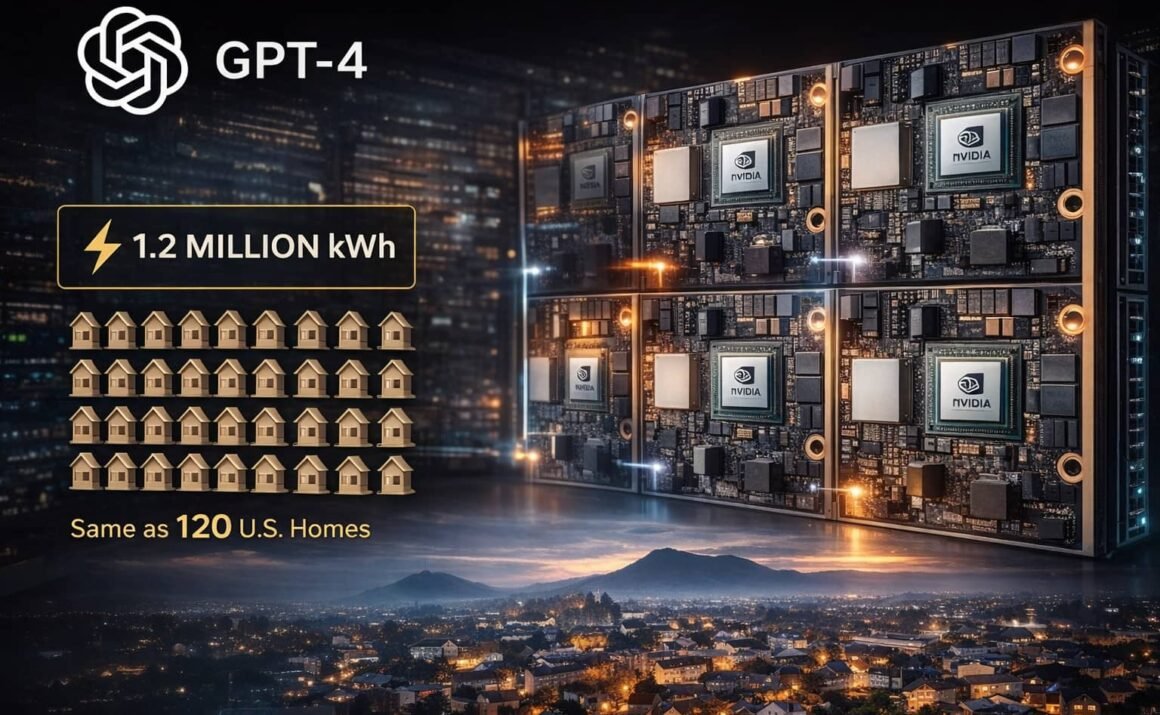 GPUs Training Large Models Training Large Models: glowing GPU servers showing massive AI energy use compared to hundreds of homes.