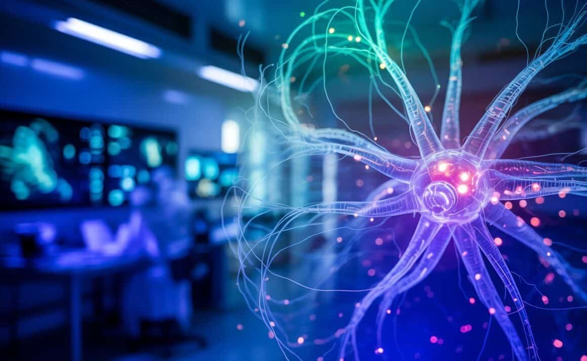 AI impact on medical diagnosis A neuron displayed in a dimly lit room, illustrating the brain's processing power, paralleling AI's impact on medical diagnosis.
