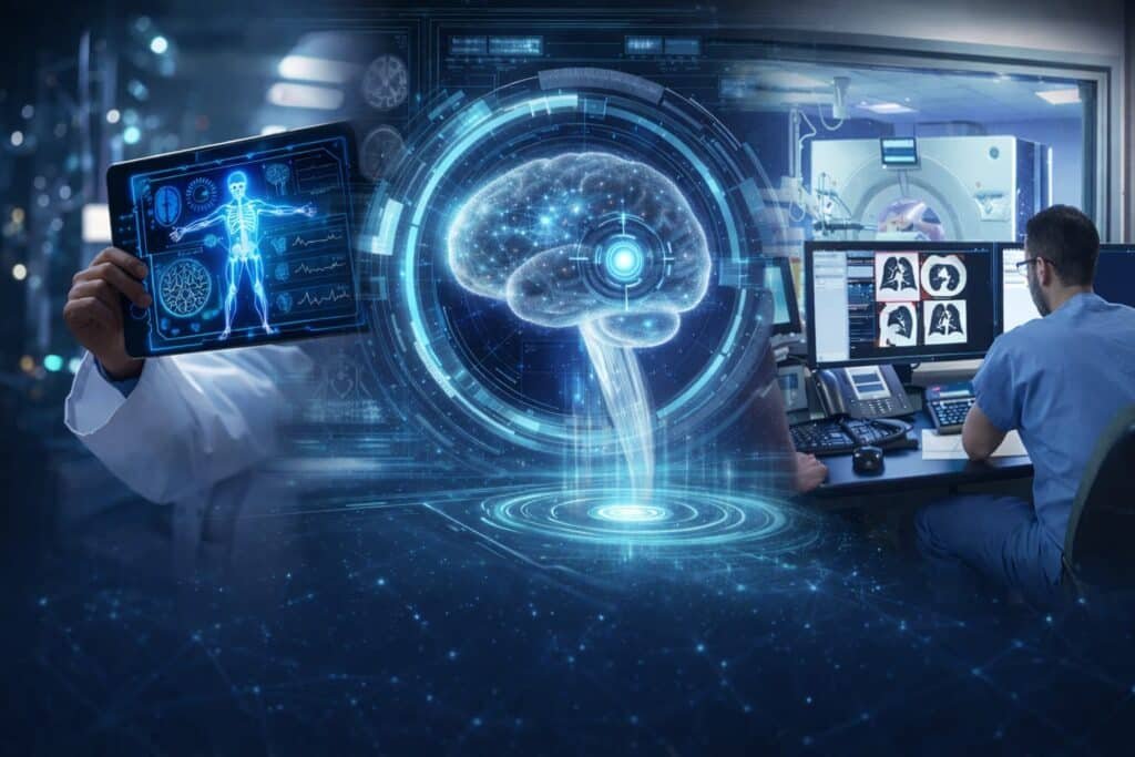 Illustration of AI Medical Diagnosis Accuracy showing holographic brain analysis, digital patient data on a tablet, and doctors reviewing medical scans.
