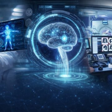 AI Medical Diagnosis Accuracy Illustration of AI Medical Diagnosis Accuracy showing holographic brain analysis, digital patient data on a tablet, and doctors reviewing medical scans.