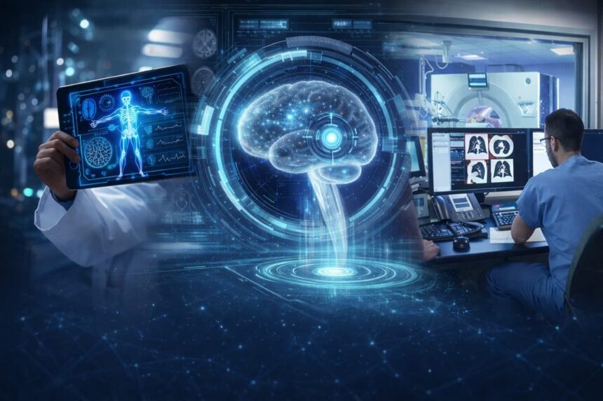 AI Medical Diagnosis Accuracy Illustration of AI Medical Diagnosis Accuracy showing holographic brain analysis, digital patient data on a tablet, and doctors reviewing medical scans.
