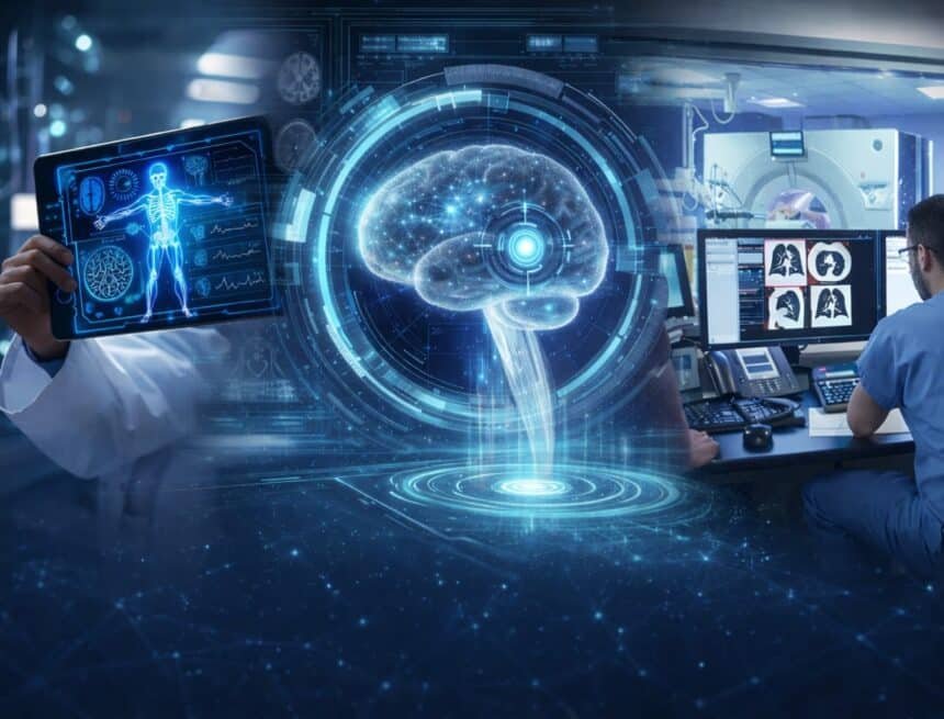 AI Medical Diagnosis Accuracy Illustration of AI Medical Diagnosis Accuracy showing holographic brain analysis, digital patient data on a tablet, and doctors reviewing medical scans.