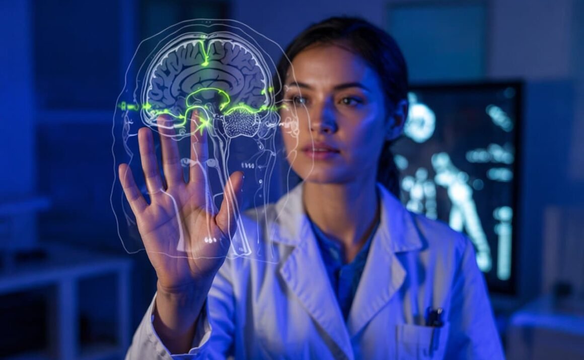 AI Technology and Medical Diagnosis A doctor in a lab coat displays a virtual brain, representing the collaboration between AI technology and medical diagnosis.