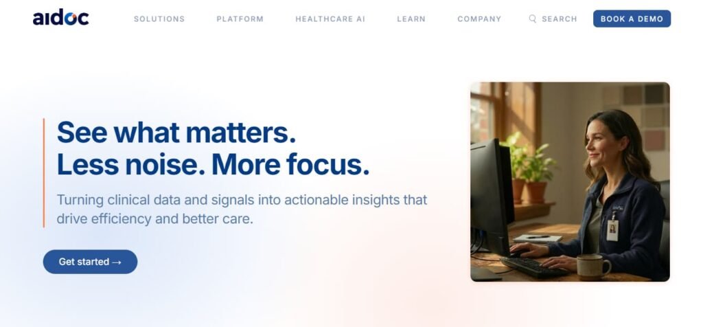 Aidoc website showcasing its AI radiology platform for urgent medical findings in over 1,000 hospitals globally.