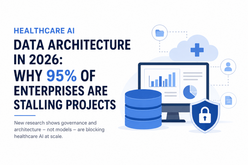 Healthcare AI Data Architecture Alt Text: A conceptual graphic illustrating healthcare AI data architecture, highlighting key factors causing 95% of enterprise AI project stalls in 2026.