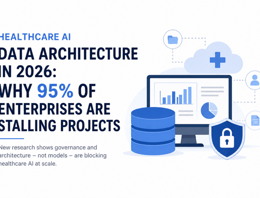Healthcare AI Data Architecture Alt Text: A conceptual graphic illustrating healthcare AI data architecture, highlighting key factors causing 95% of enterprise AI project stalls in 2026.