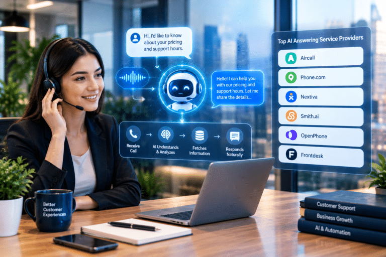 AI answering service for business dashboard showing virtual call receptionist and call handling workflows.