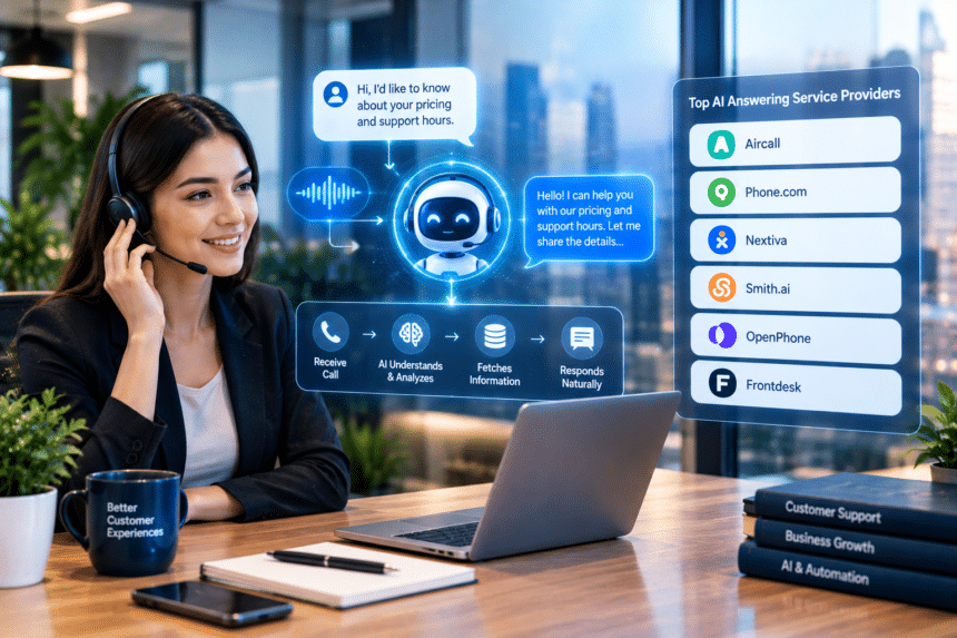 ai-answering-service-for-business AI answering service for business dashboard showing virtual call receptionist and call handling workflows.