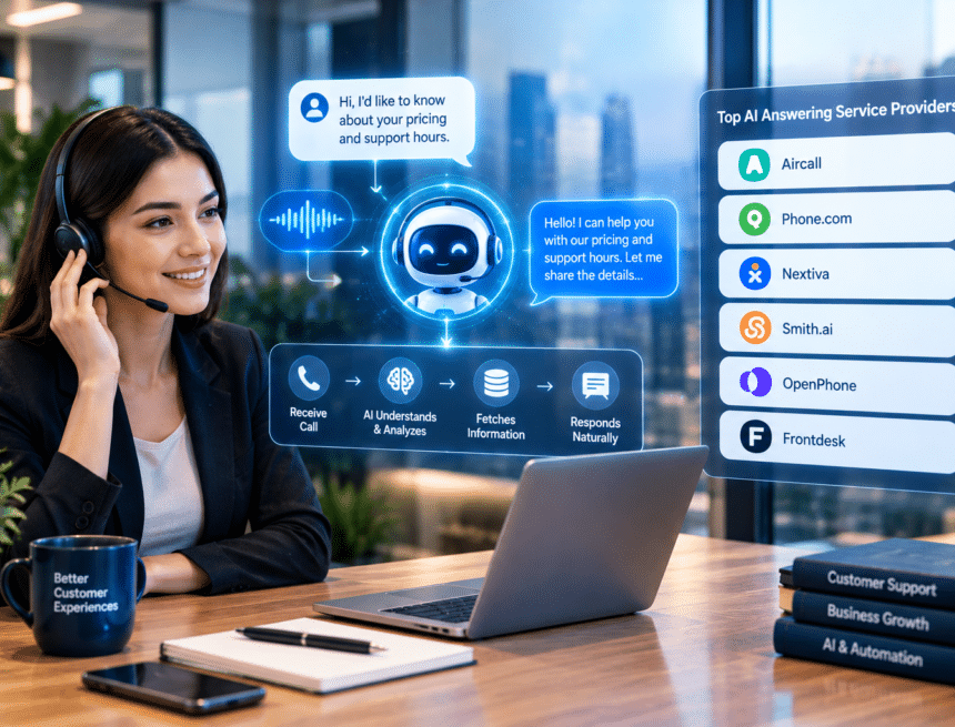 ai-answering-service-for-business AI answering service for business dashboard showing virtual call receptionist and call handling workflows.