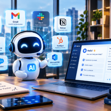 best-ai-assistant-for-business Modern AI assistant for business ecosystem diagram highlighting administrative automation and workplace productivity tools.