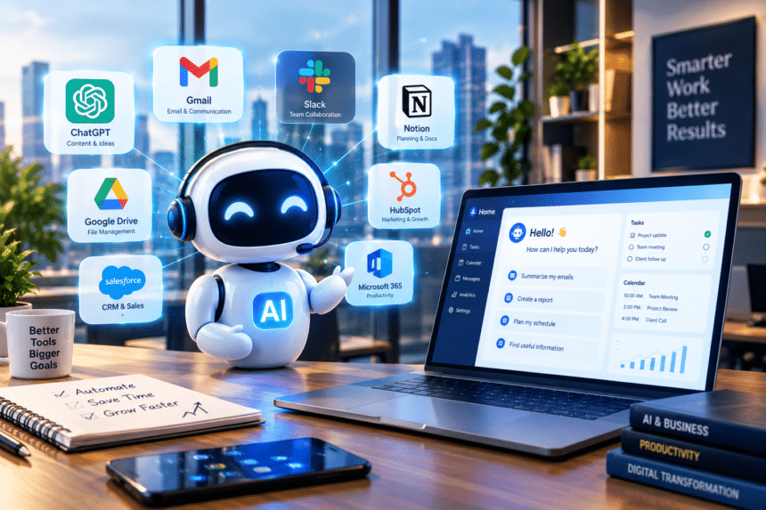 best-ai-assistant-for-business Modern AI assistant for business ecosystem diagram highlighting administrative automation and workplace productivity tools.