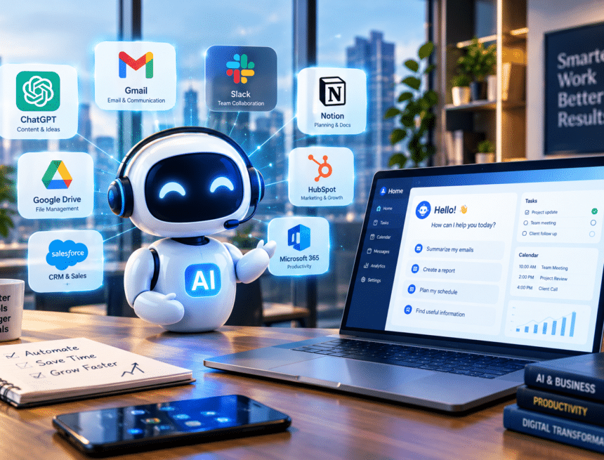 best-ai-assistant-for-business Modern AI assistant for business ecosystem diagram highlighting administrative automation and workplace productivity tools.