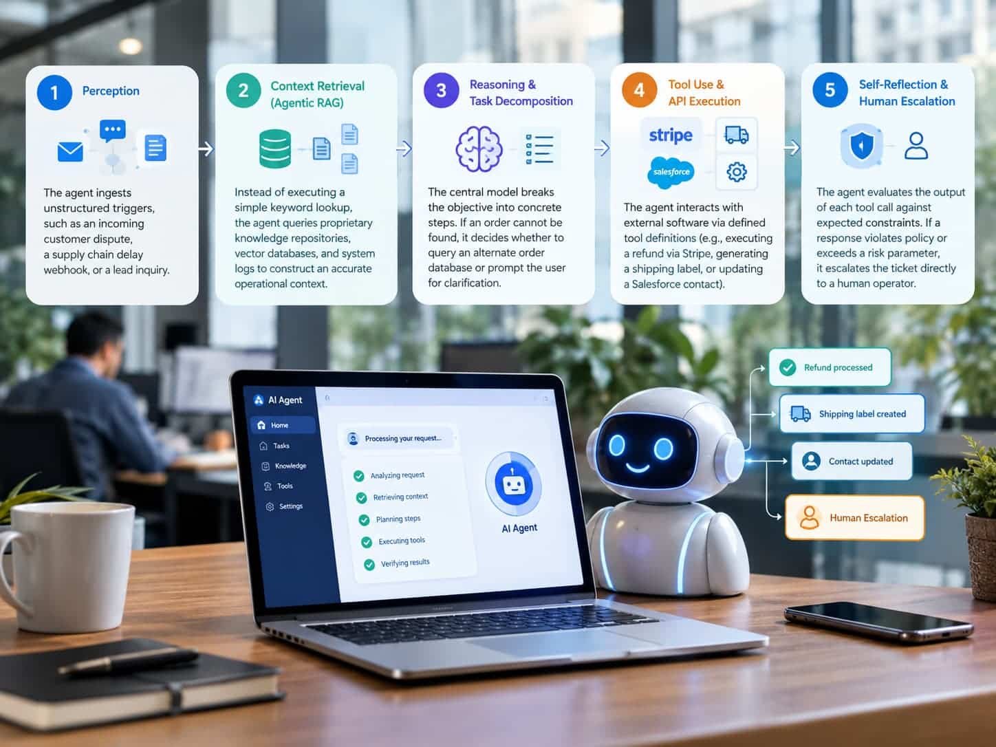 How AI Agents Work For Business Workflow Diagram Modern workspace setup showing AI agent workflows, software integrations, and a robot assistant representation on screen.