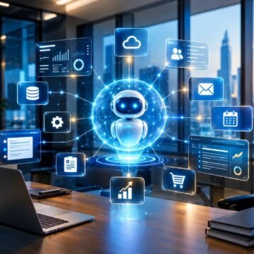 role-in-development-of-ai-agents-for-businesses 3D digital technology interface representing AI agents and workflow automation in a modern business environment.