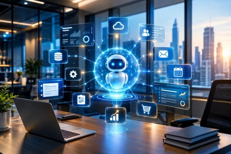 3D digital technology interface representing AI agents and workflow automation in a modern business environment.