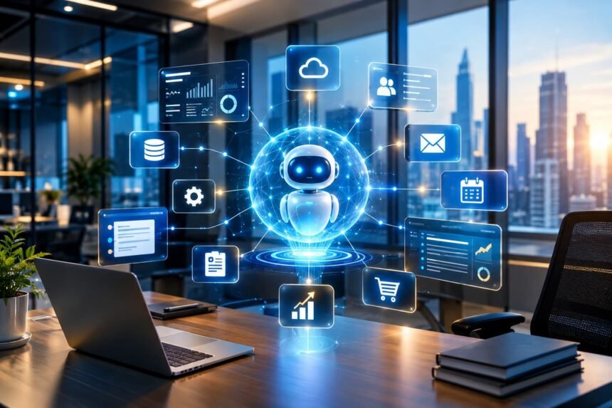 role-in-development-of-ai-agents-for-businesses 3D digital technology interface representing AI agents and workflow automation in a modern business environment.