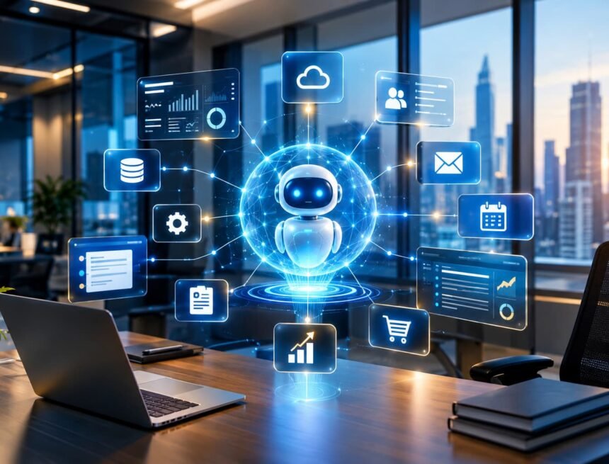 role-in-development-of-ai-agents-for-businesses 3D digital technology interface representing AI agents and workflow automation in a modern business environment.